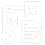 White outline icon showing content creation elements like webpage, image, video, and blog writing – freelance digital marketing expert in Malappuram, Kerala