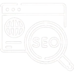 White outline icon of a web browser with a globe and magnifying glass showing the word SEO – freelance digital marketing expert in Malappuram, Kerala, India