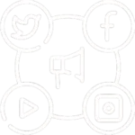 White outline icon showing social media marketing with Twitter, Facebook, YouTube, and Instagram symbols – freelance digital marketing specialist in Malappuram, Kerala, India