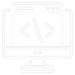 White outline icon of a computer monitor displaying coding symbols for web development – best freelance digital marketing expert in Malappuram, Kerala, India